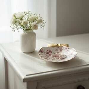 Red Floral Trinket Dish | Cottagecore Jewelry Ring Holder & Vintage gift